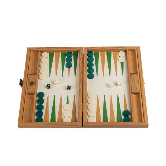 Manopoulos - Handcrafted Knitted Leather Backgammon Set in Green with Side Racks 30x20cm