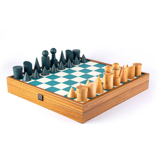 Manopoulos - Bauhaus Style Turquoise Chess Set - 40x40cm with 8.5cm King Chessmen