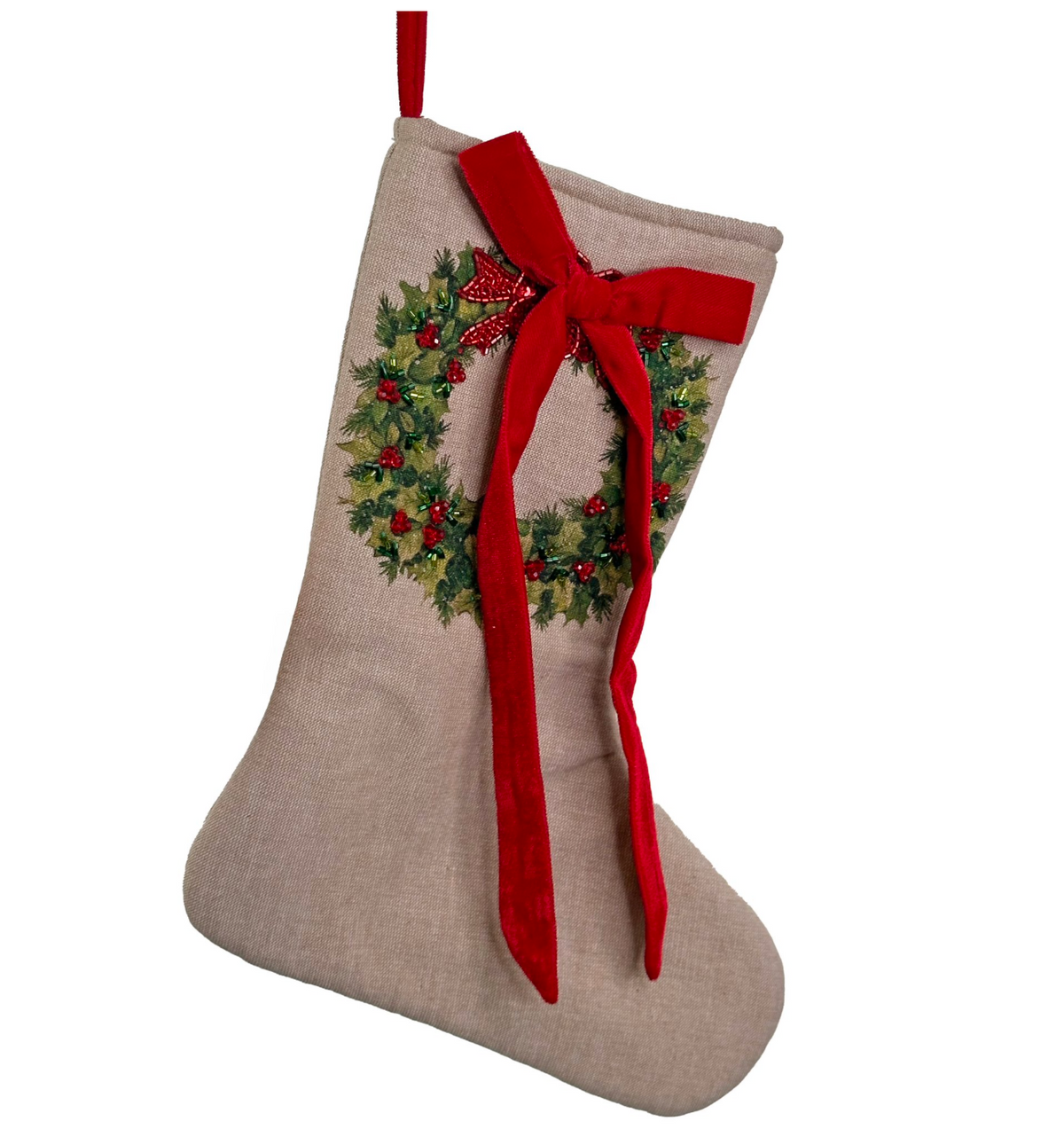 Shishi cotton Christmas stocking with beaded wreath and red velvet bow