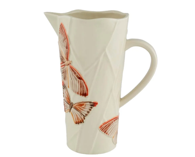 Bordallo Pinheiro Cloudy Butterflies Pitcher, hand-painted earthenware jug