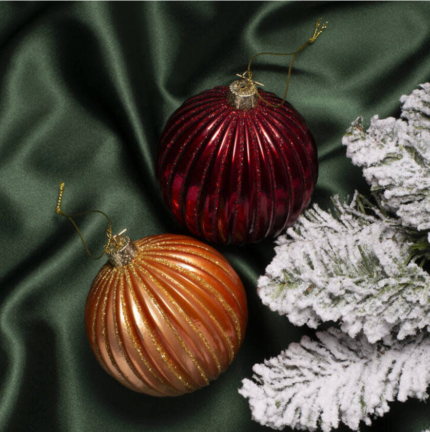 Christmas Tree Hanging Ornament Bauble Glass Burgundy Ribbed - 9cm, view 2