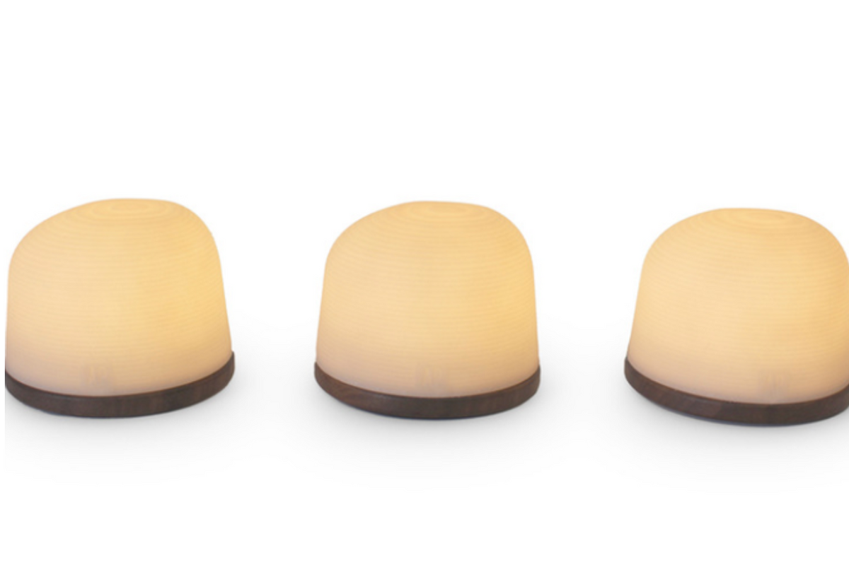 Atelier Pierre Fondant small rechargeable mood light with oak base and textured diffuser