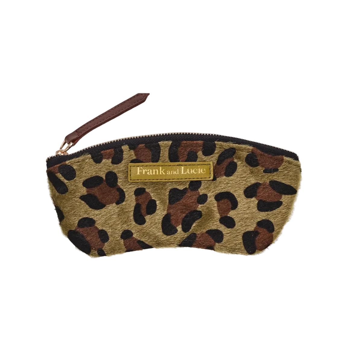 A small zip pouch with a leopard print pattern in tan, brown, and black, featuring a gold brand plaque that reads 'Frank and Lucie' and a brown wrist strap, shown on a plain white background.