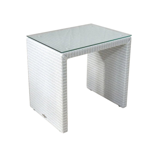 night table in white Lloyds loom with glass top