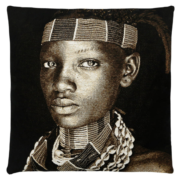 Hamar Lady Ethiopia Cushion Cover  Designer : Mario Gerth  Dimensions (cm) : Width 45 x Length 45  Material : Belgium Linen  All designs are woven securing top quality over their lifetime.  Made in Belgium.  Insert and filling not included.