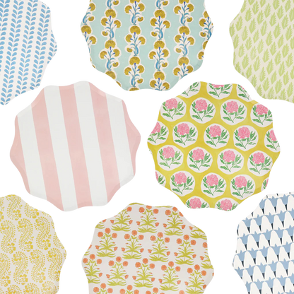 Meri Meri x Molly Mahon paper dinner plates with wavy edge, pack of 8 in 8 designs