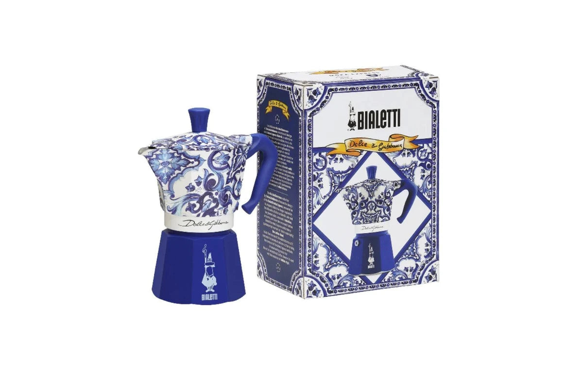 Bialetti Dolce & Gabbana Moka Express stovetop coffee maker with Sicilian cart motif in Mediterranean blue