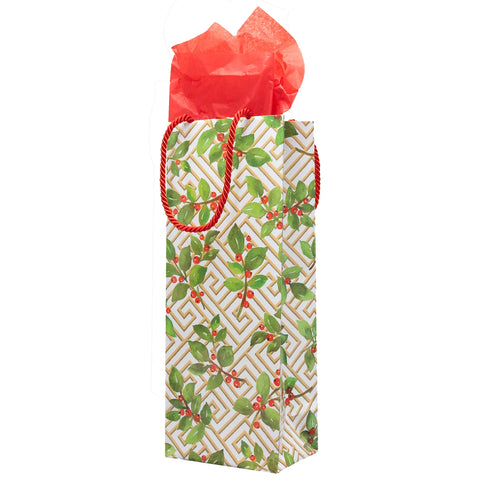 Caspari Holly And Fretwork Bottle Bag
