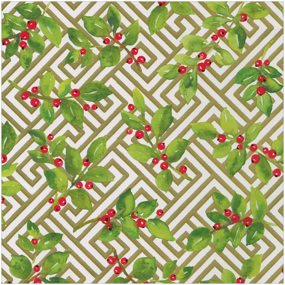 Caspari Holly And Fretwork Roll Wrap
