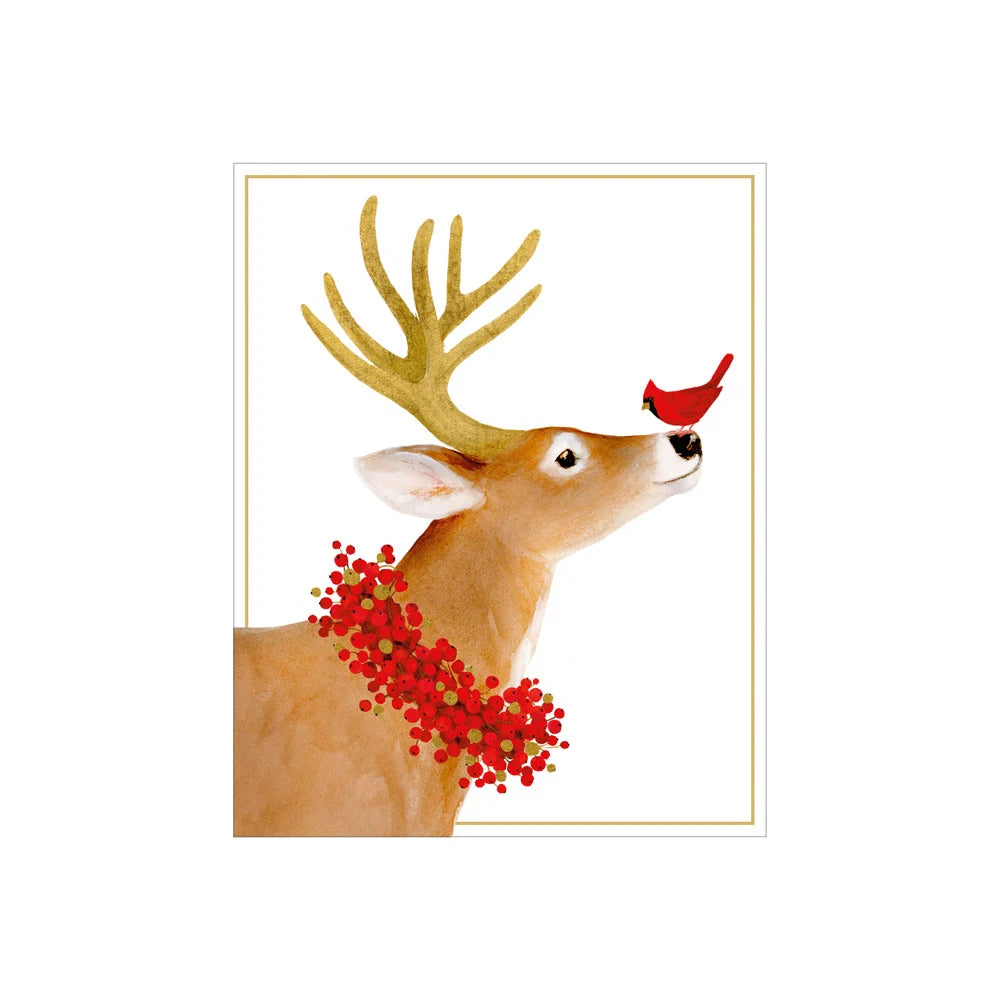 Caspari Deer And Cardinal Petite Boxed Christmas Cards (Set of 15)