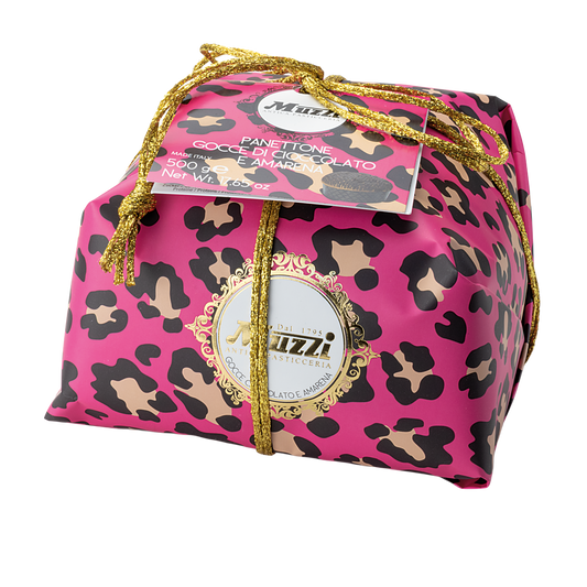 Muzzi Animalier Chocolate Cherry Panettone 500g in animal-print wrapping