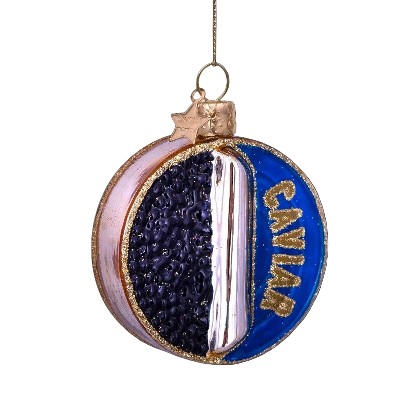 Vondels Caviar Tin Glass Ornament – Rose, Black & Blue – 7.5 cm