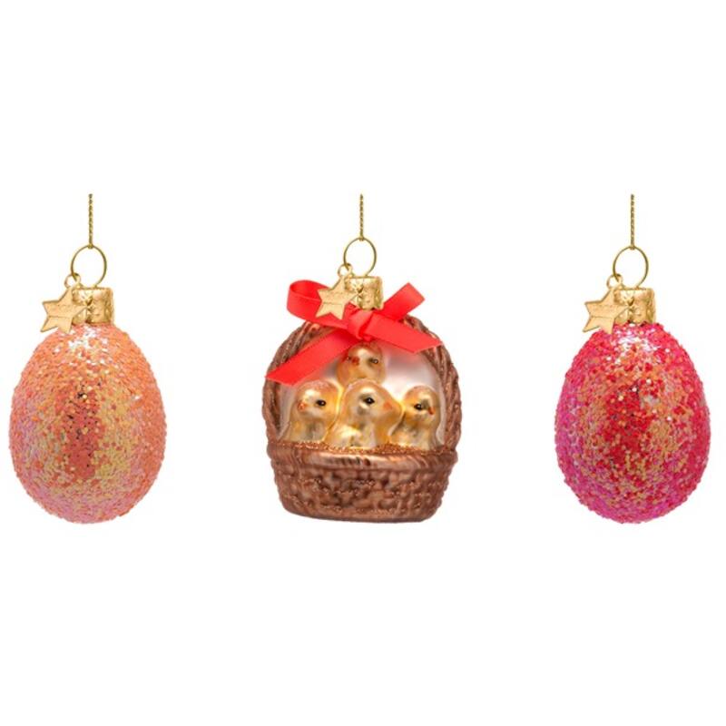 Vondels Easter tree hanging ornament Eggs & Chicks in Basket Glass (Set of 3)
