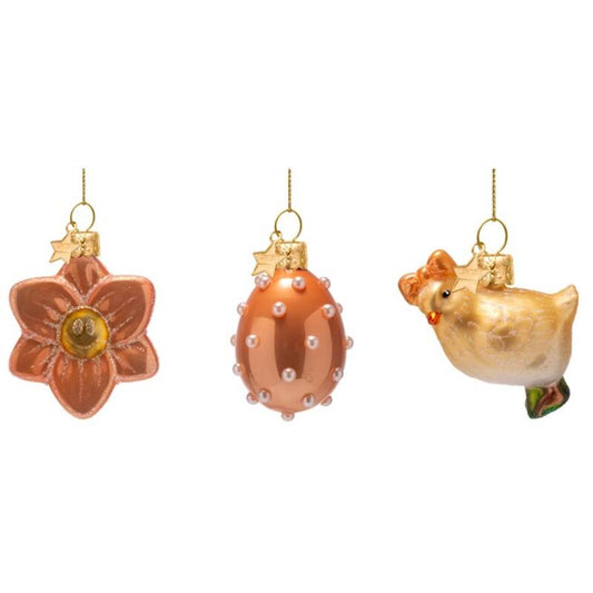 Easter Tree Hanging Ornament Flower Egg & Chick Glass (Set of 3)