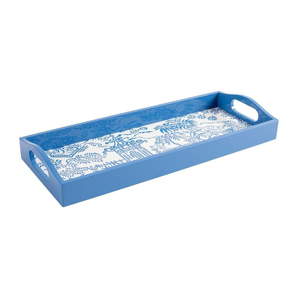 Pagoda Toile Lacquered Bar Tray in Blue