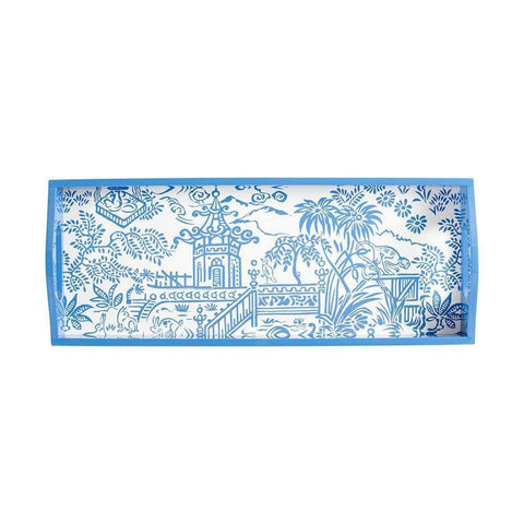 Pagoda Toile Lacquered Bar Tray in Blue