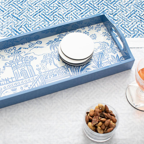 Pagoda Toile Lacquered Bar Tray in Blue