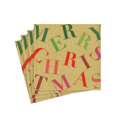 Caspari Merry Christmas Toss Gold Cocktail Napkin