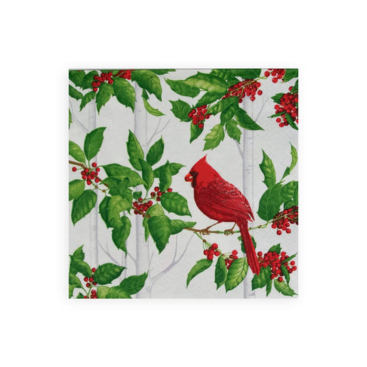 Caspari Lunch Napkin Holly And Songbirds White & Silver