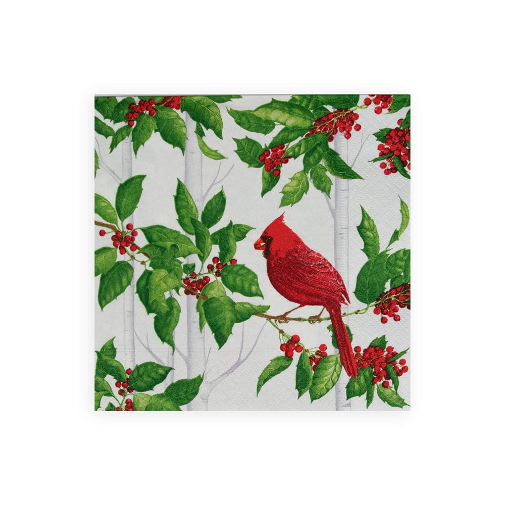 Cocktail Napkin Holly And Songbirds White & Silver