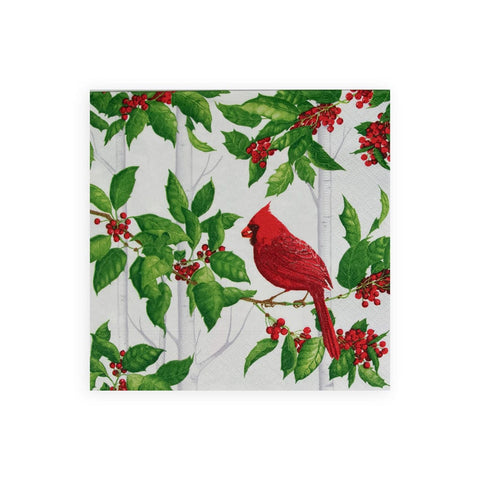 Cocktail Napkin Holly And Songbirds White & Silver