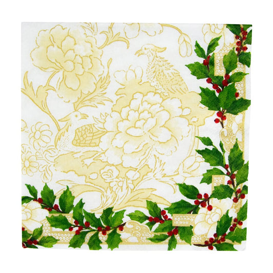 Caspari Cocktail Napkin Holly Ceramic Ivory & Gold