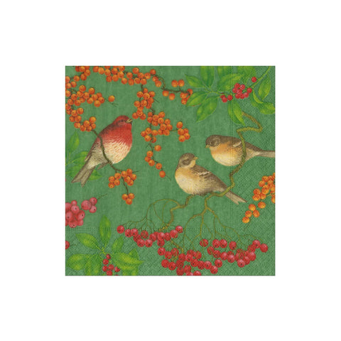 Caspari Birds And Berries Green Napkin