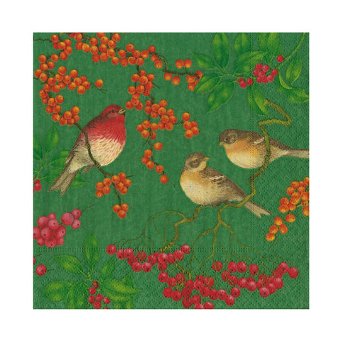 Caspari Birds And Berries Green Napkin