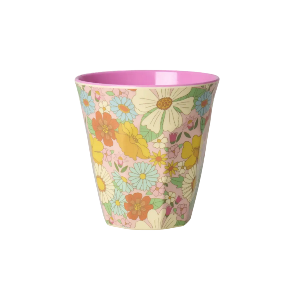 Rice Melamine Cup - Dark Pink - Flower Power Print