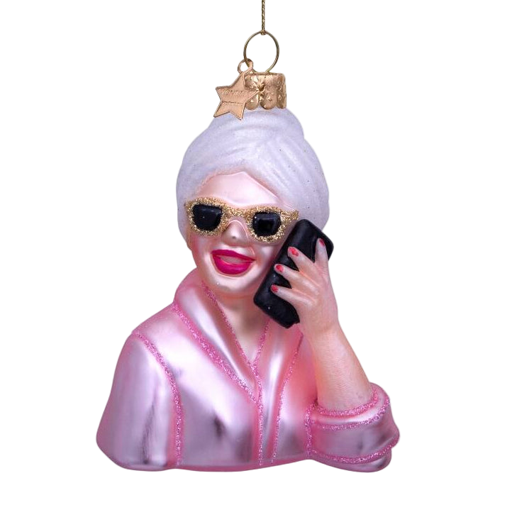 Vondels Self-Care Girl glass Christmas tree ornament with phone, 9 cm