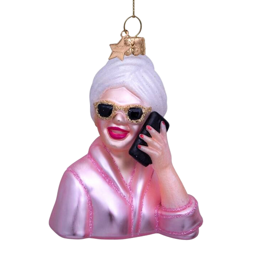Vondels Self-Care Girl glass Christmas tree ornament with phone, 9 cm