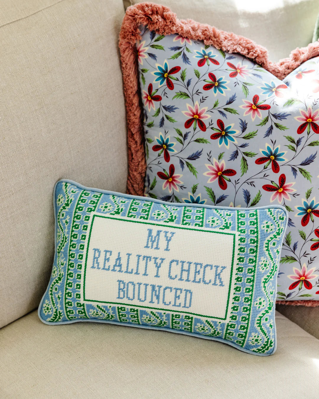 Furbish Reality Check needlepoint statement pillow, view 3