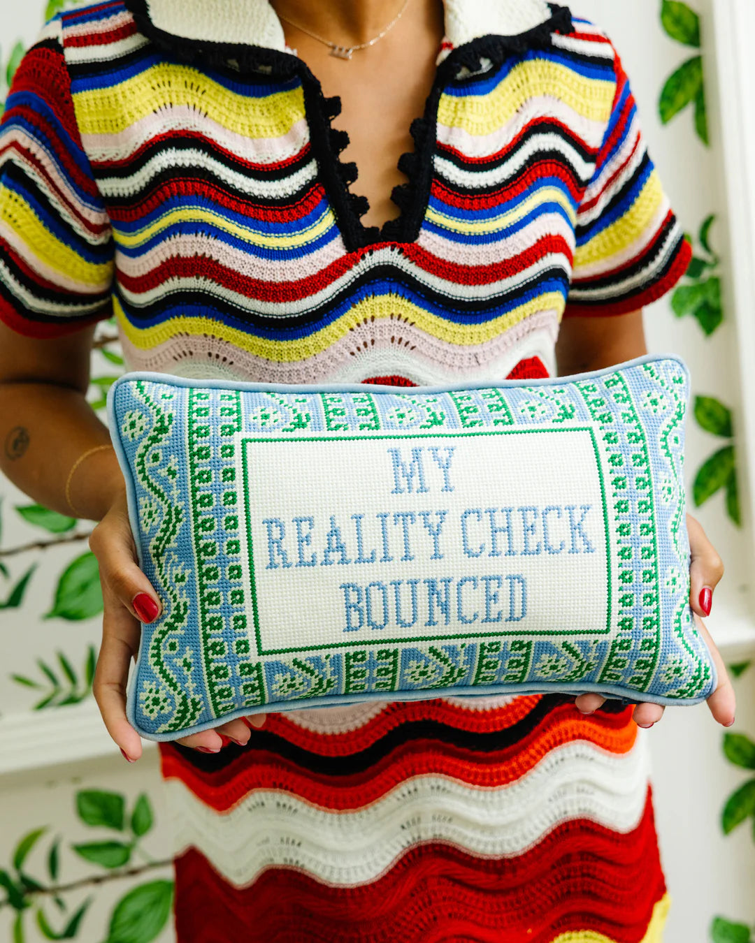 Furbish Reality Check needlepoint statement pillow, view 2
