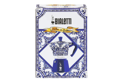 Bialetti Dolce & Gabbana Moka Express stovetop coffee maker with Sicilian cart motif in Mediterranean blue, view 3