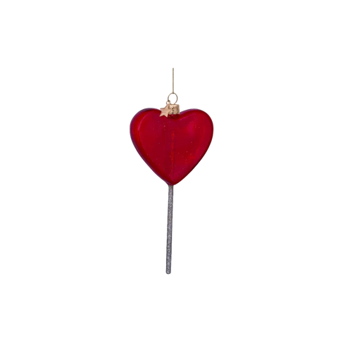 Christmas Tree Hanging Ornament Glass Red Heart Lollipop - 14cm