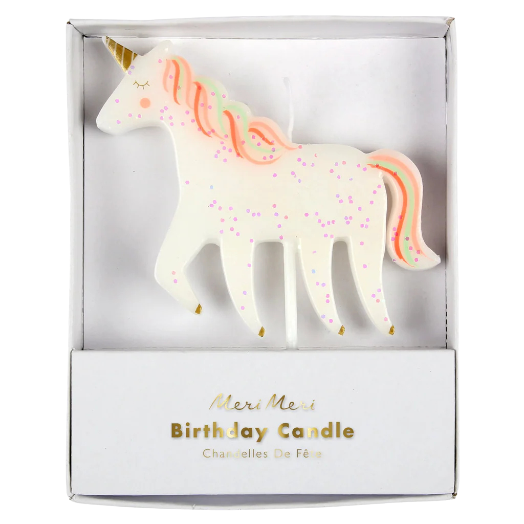 Meri Meri Unicorn Glitter candle with gold foil horn and hooves