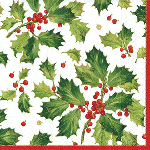 Caspari Gilded Holly White Dinner Napkin