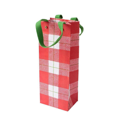 Caspari Plaid Check Red Bottle Bag