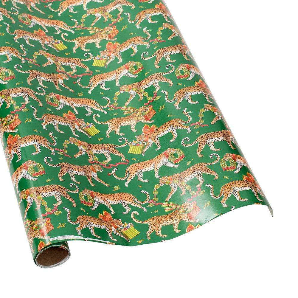 Caspari Christmas Leopards Dark Green Roll Wrap