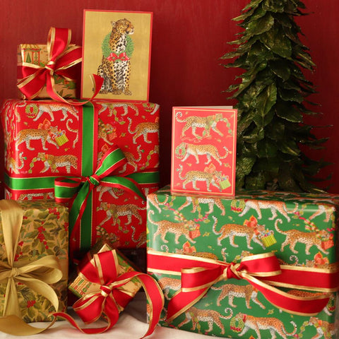 Caspari Christmas Leopards Dark Green Roll Wrap