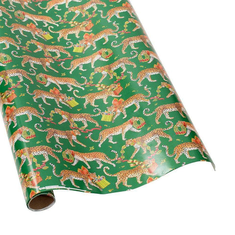 Caspari Christmas Leopards Dark Green Roll Wrap