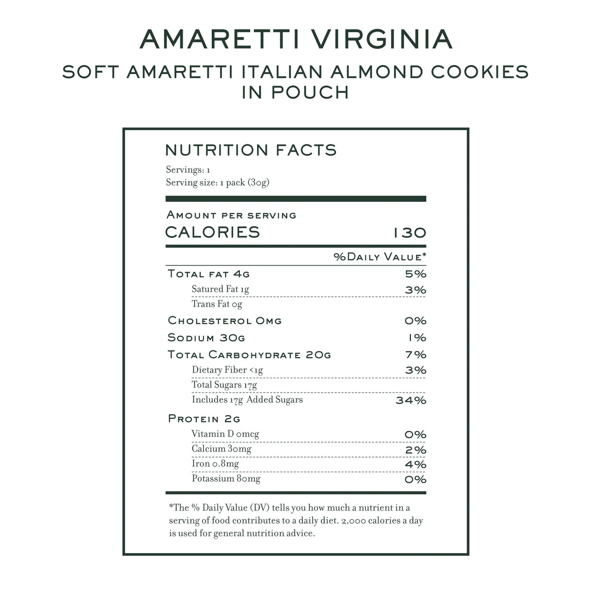 Amaretti Virginia Italian Cookies 30g nutrition facts