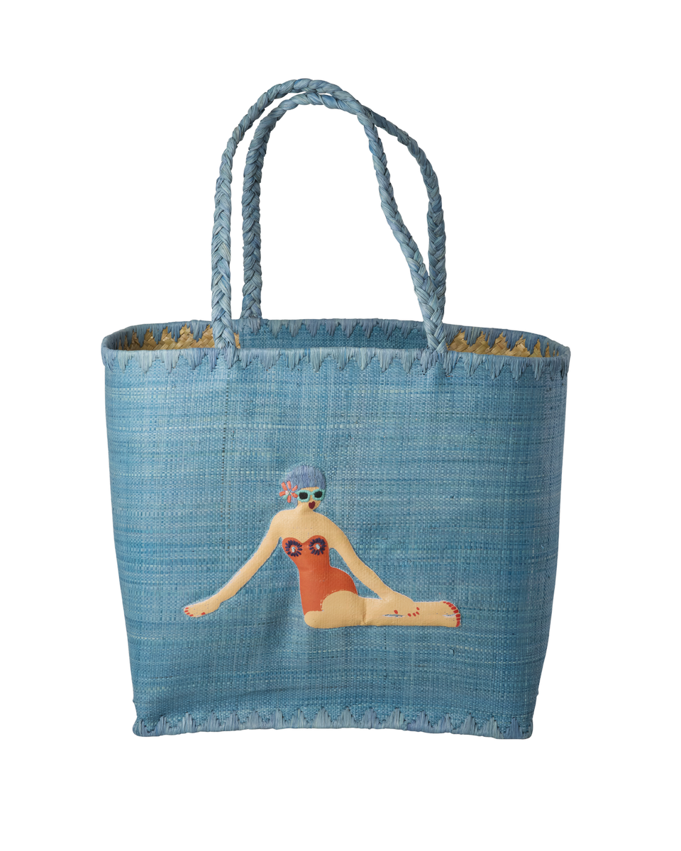 Rice Raffia Large Bag with Handles in Blue with Lady Swimster