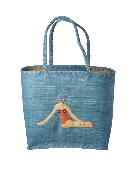 Rice Raffia Large Bag with Handles in Blue with Lady Swimster
