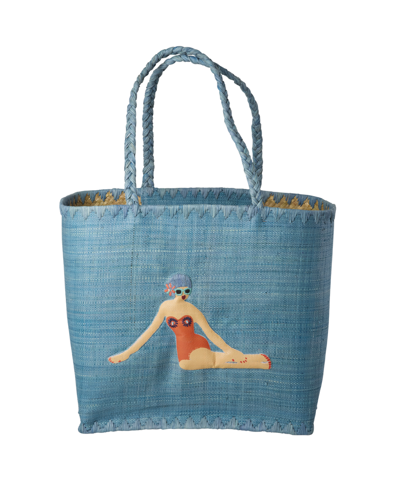 Rice Raffia Large Bag with Handles in Blue with Lady Swimster