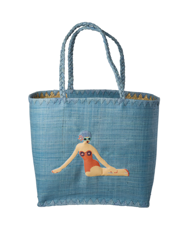 Rice Raffia Large Bag with Handles in Blue with Lady Swimster