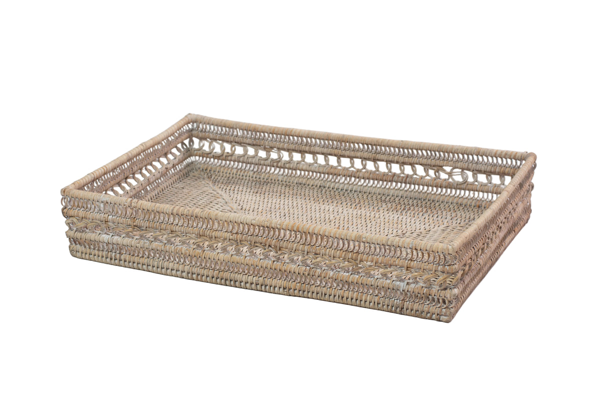 Rattan rectangular tray with ring handles in wash white by Myanmar Bella Interiors