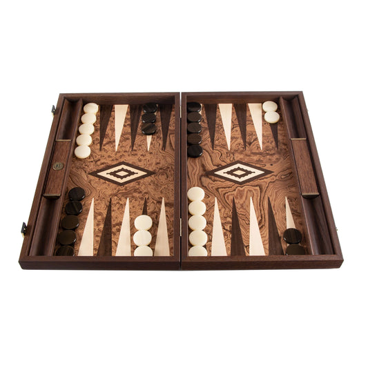 Manopoulos Handcrafted Premium Walnut Burl Backgammon Set with Side Racks
