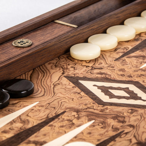 Manopoulos - Handcrafted Walnut Burl Backgammon Set with Side Racks 38x23cm