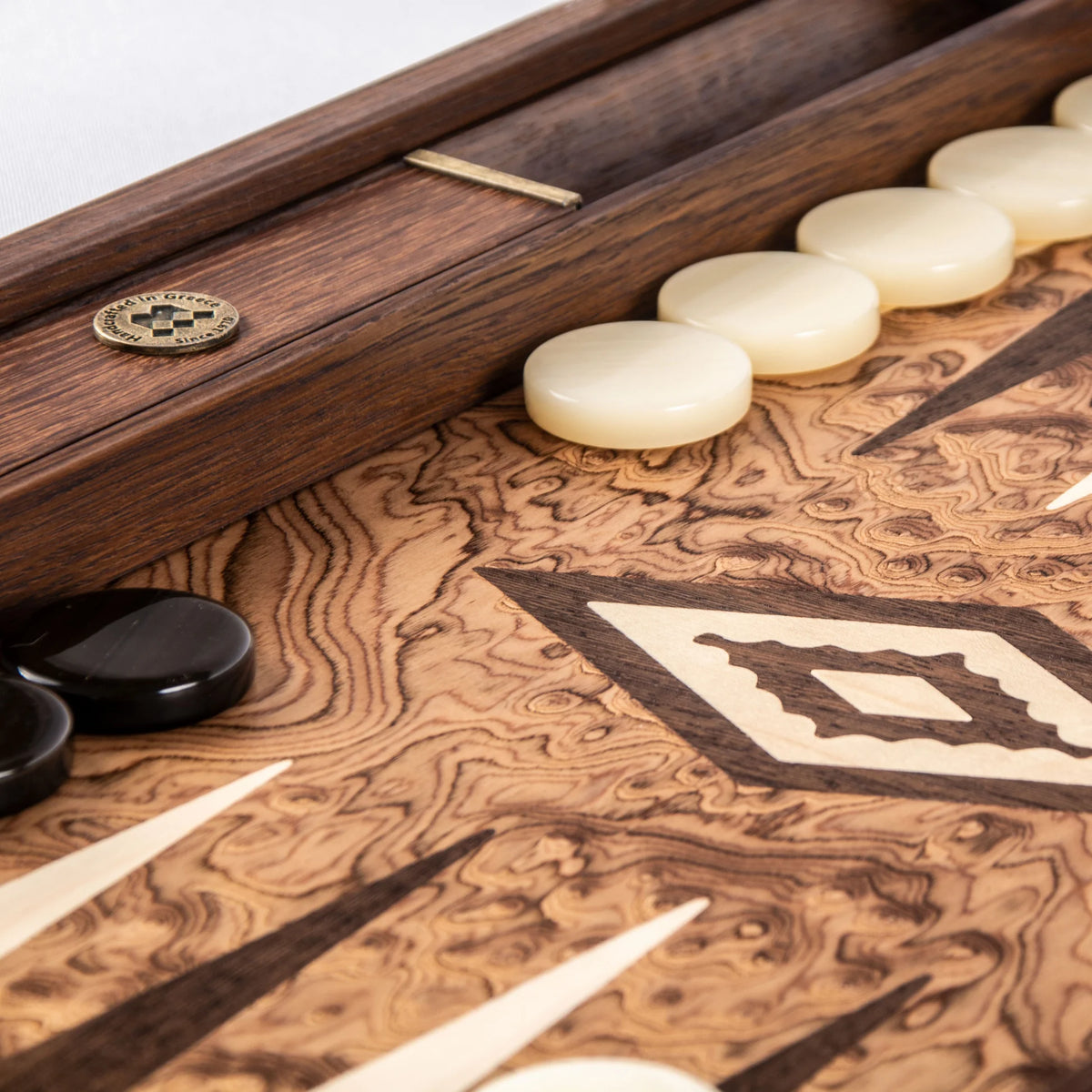 Manopoulos - Handcrafted Walnut Burl Backgammon Set with Side Racks 30x20cm